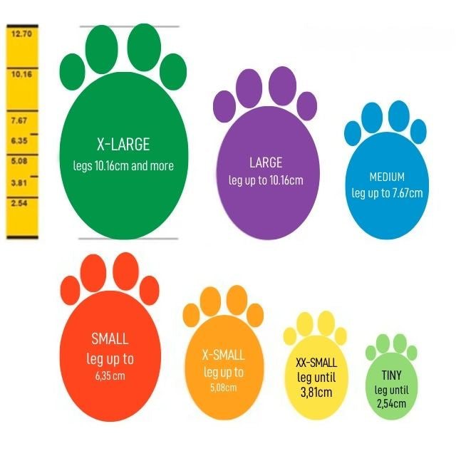 durable-dog-paw-protection-boots-waterproof-rubber-colours-black-green-yellow-orange-brown-trim-red-blue-sizes-mini-2-54cm-xxs-3-81cm-xs-5-08cm-s-6-35cm-m-7-67cm-l-10-16cm-xl-over-10